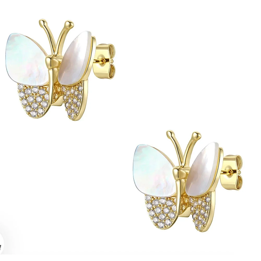 RACHEL GLAUBER Earrings 14k Gold Plated Mother Of Pearl Cubic Zirconia Butterfly
